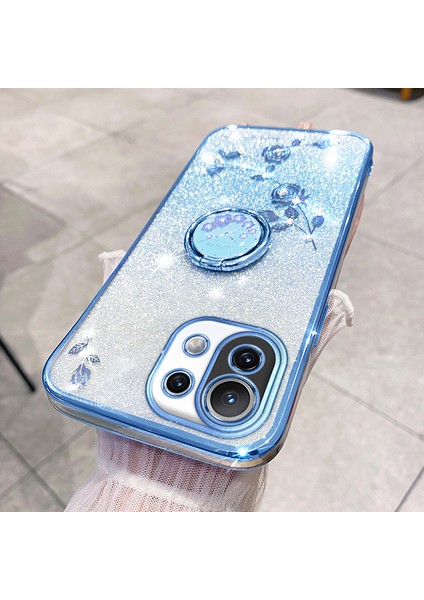 Xiaomi Mi 11 Lite 4g/5g/11 Lite 5g Ne Kıckstand Telefon Kılıfı Rhinestone Çiçek Tpu Cover-Blue (Yurt Dışından)