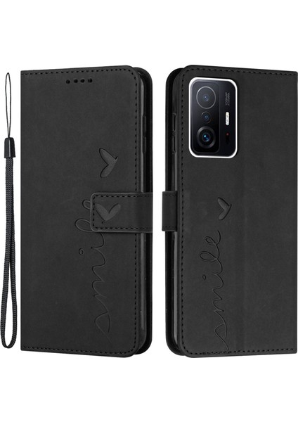 Xiaomi 11T 5G/11T Pro 5g Damla Geçirmez Kalp Şekli Baskılı Telefon Kılıfı Pu Deri Deri Touch Hissed Cüzdan Stand Iyi Koruma Kabuğu Strap-Black (Yurt Dışından)