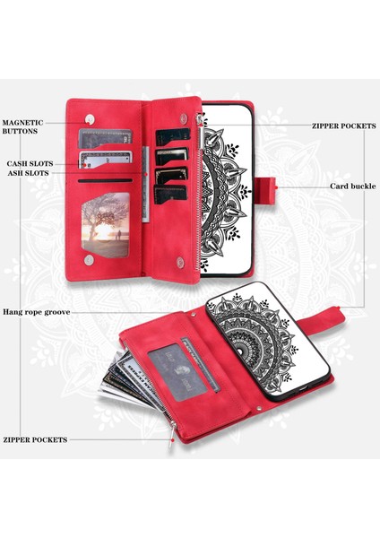 Fermuarı Cep Cüzdanı Xiaomi Için Telefon Kasası 11T Pro 5G/11T 5g, Mandala Çiçek Baskılı Pu Deri Koruyucu Telefon Kapağı Stand Strap-Rose ile Birden Fazla Kart Yuvası (Yurt Dışından)