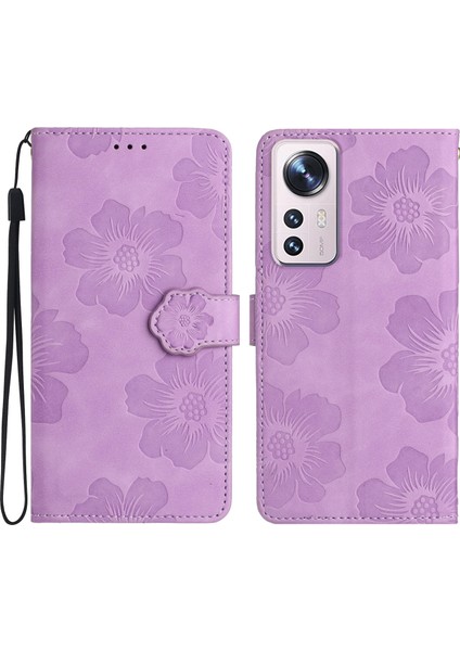 Xiaomi 12 Pro 5g/12 Pro (Boyut) Için 5G/12S Pro 5g Telefon Deri Kılıf Çiçekleri Baskılı Stand Cüzdan Kapak Morası (Yurt Dışından)