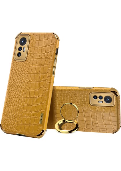 Xiaomi 12 5G/12X 5G/12S Için 5g Timsah Doku Telefon Kickstand Elektrokaplama Parmak Halka Tutucu Pu Deri Kaplamalı Tpu Telefon Kabuk-Sarı Kaplama (Yurt Dışından)
