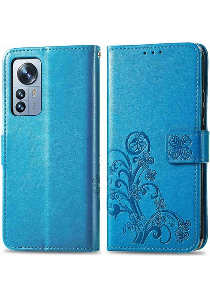 Xiaomi 12 Pro 5g/12 Pro (Boyut) Için 5G/12S Pro 5g Dört Yapraklı Yonca Deseni Baskılı Stand Pu Deri Telefon Cüzdan Kapak-Mavi (Yurt Dışından)