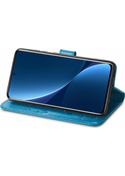 Xiaomi 12 Pro 5g/12 Pro (Boyut) Için 5G/12S Pro 5g Dört Yapraklı Yonca Deseni Baskılı Stand Pu Deri Telefon Cüzdan Kapak-Mavi (Yurt Dışından) modelleri