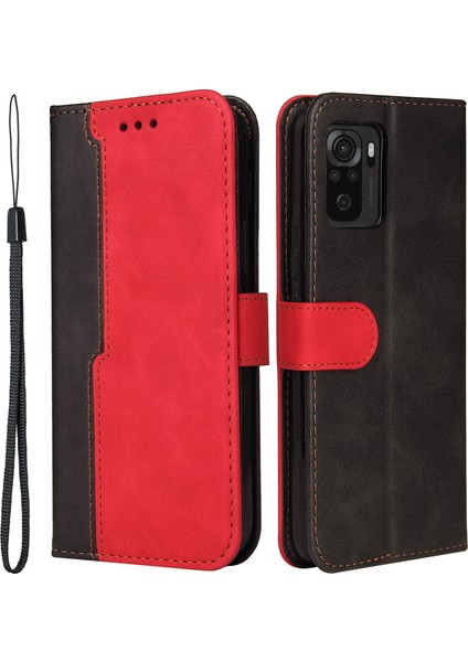 Moda Renk Ekleme Pu Deri Deri Cüzdan Flip Koruyucu Kılıf Kapağı Bilek Kayışı ile Xiaomi Redmi Için Manyetik Toka Not 10 5g/not 10T 5g/poco M3 Pro 5g/4g-Red/siyah (Yurt Dışından)
