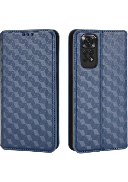 Xiaomi Için Redmi Note 11 4g (Qualcomm)/redmi Note 11S 4g Baskılı Rhombus Desen Flip Cüzdan Kılıfı Manyetik Adsorpsiyon Stand Yumuşak Tpu Iç Pu Deri Koruyucu Telefon Kapak-Mavi (Yurt Dışından)