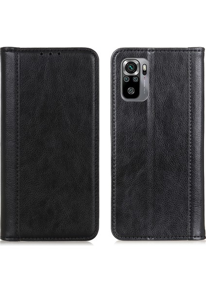 Otomatik Mıknatıs Emme Tasarımı Litchi Dokusu Bölünmüş Deri Cüzdan Standı Kapak Kasası Xiaomi Redmi Note 10 4g/not 10S/POCO M5S 4g-Black (Yurt Dışından)