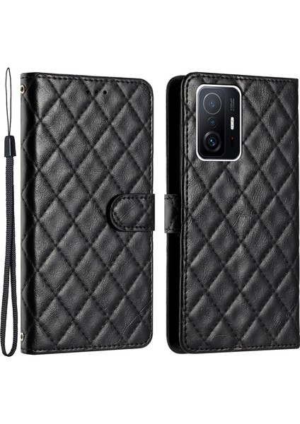 Xiaomi 11T Pro 5G/11T 5g Pu Deri Telefon Cüzdan Kılıf Stand Dikiş Hattı Rhombus Cover-Black (Yurt Dışından)
