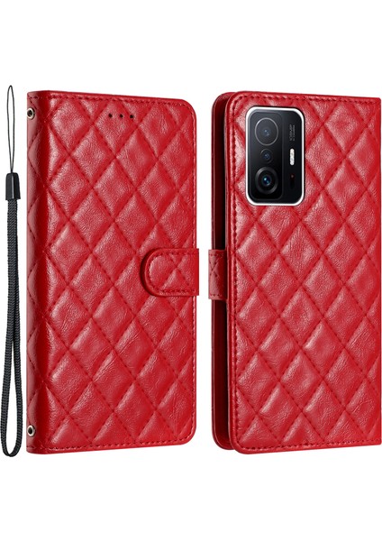Xiaomi 11T Pro 5G/11T 5g Pu Deri Telefon Cüzdan Kılıf Stand Dikiş Hattı Rhombus Kapak-Kırmızı (Yurt Dışından)