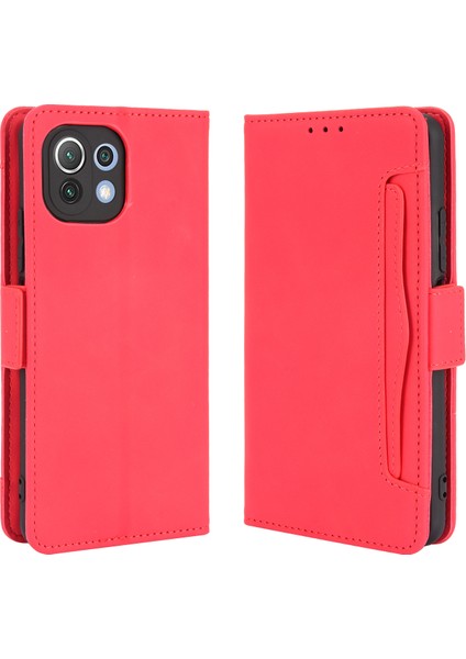 Cüzdan Tasarımı Birden Fazla Kart Yuvası Deri Deri Telefon Kılıfı Xiaomi Mi 11 Lite 4g/5g/mi 11 Lite 5g-Red (Yurt Dışından)
