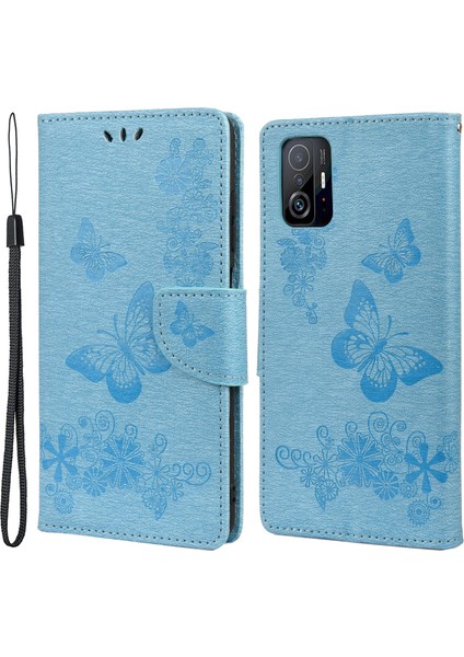 Baskılı Kelebekler Çiçek Deri Cüzdan Stand Cep Telefon Kılıfı Xiaomi 11T/11T Pro-Mavi (Yurt Dışından)