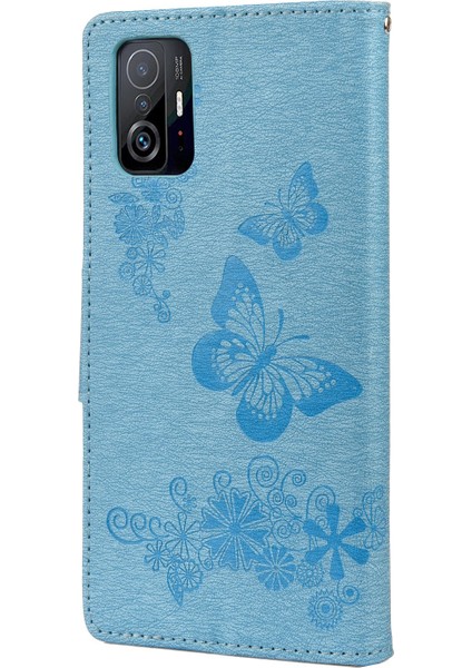 Baskılı Kelebekler Çiçek Deri Cüzdan Stand Cep Telefon Kılıfı Xiaomi 11T/11T Pro-Mavi (Yurt Dışından)