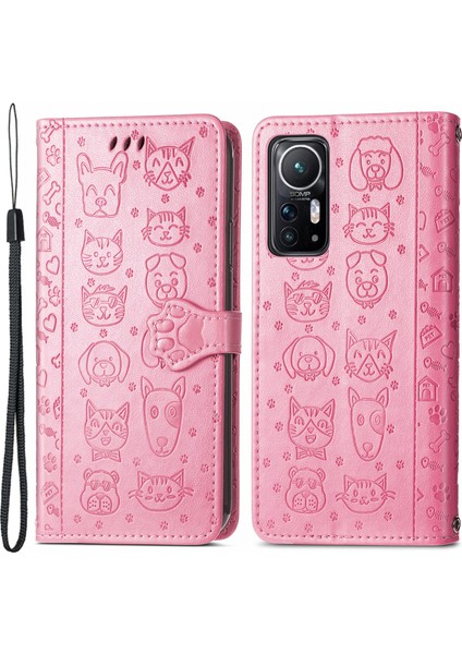 Xiaomi 12 5G/12X 5G/12S Için 5g Cüzdan Telefon Kaplama Kabuk Pu Deri Baskılı Kedi Köpek Deseni Stand Flip Cep Telefonu Vaka Pink (Yurt Dışından)