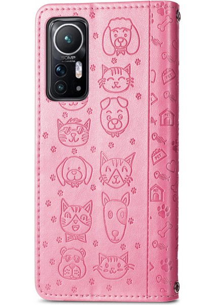 Xiaomi 12 5G/12X 5G/12S Için 5g Cüzdan Telefon Kaplama Kabuk Pu Deri Baskılı Kedi Köpek Deseni Stand Flip Cep Telefonu Vaka Pink (Yurt Dışından) modelleri