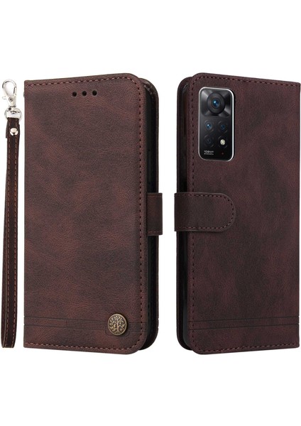 Xiaomi Redmi Için Note 12 Pro 4g/11 Pro 4g (Mediatek)/note 11 Pro 5g (Qualcomm)/note 11E Pro Tree Metal Düğmesi Deri Telefon Kılıfı Düşüş Kanıtı Stand Cüzdan Kapağı Strap-Brown (Yurt Dışından)