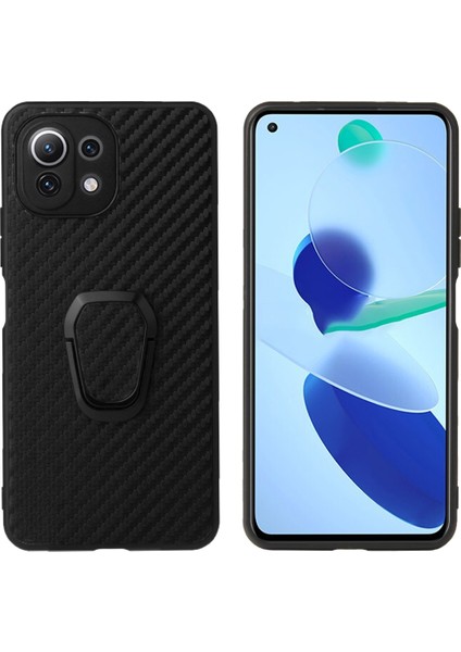 Tam Vücuda Dayanıklı Pu+Tpu Halka Kickstand Koruyucu Telefon Kapağı Xiaomi Mi 11 Lite 4g /5g /11 Lite 5g Ne-Karbon Elyaf Dokusu (Yurt Dışından)
