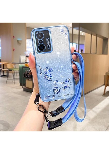 Xiaomi 11T Pro 5G/11T 5g Anti Dust Anti Tele Kılıfı Glitter Rhinestone Gradient Tpu Kapağı Kayış Mavisi (Yurt Dışından)