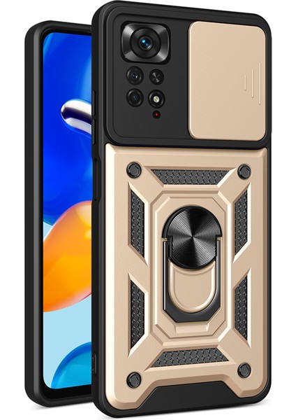 Xiaomi Redmi Için Note 12 Pro 4g/11 Pro 4g (Mediatek)/note 11 Pro 5g (Qualcomm) Pc+Tpu Hibrid Slayt Kamera Kapağı Dahili Metal Sayfa Cep Telefonu Kickstand-Gold ile (Yurt Dışından)