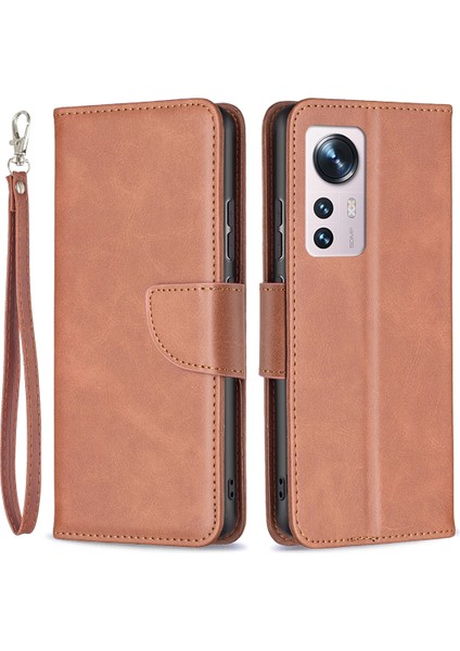 Xiaomi 12 5G/12X 5G/12S 5g Dokulu Düz Renk Pu Deri Folio Flip Kapak Stand Manyetik Telefon Kılıfı Strap-Brown (Yurt Dışından)