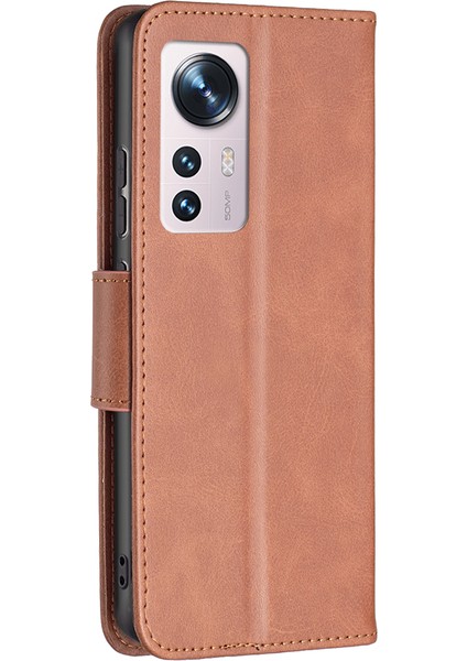 Xiaomi 12 5G/12X 5G/12S 5g Dokulu Düz Renk Pu Deri Folio Flip Kapak Stand Manyetik Telefon Kılıfı Strap-Brown (Yurt Dışından) modelleri