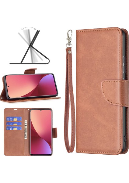 Xiaomi 12 5G/12X 5G/12S 5g Dokulu Düz Renk Pu Deri Folio Flip Kapak Stand Manyetik Telefon Kılıfı Strap-Brown (Yurt Dışından) fırsatları