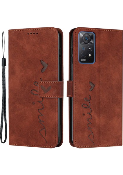 Xiaomi Redmi Için Note 11 Pro 5g (Qualcomm)/note 11 Pro 4g (Mediatek) Cilt Dokunuşma Kalp Şekli Hissedilmiş Telefon Kılıfı Pu Deri Cüzdan Stand Kayış-Kahverengi (Yurt Dışından)
