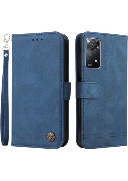 Xiaomi Redmi Için Note 12 Pro 4g/11 Pro 4g (Mediatek)/note 11 Pro 5g (Qualcomm)/note 11E Pro Tree Metal Düğmesi Deri Telefon Kılıfı Düşüş Kanıtı Stand Cüzdan Kapağı Strap-Mavi ile (Yurt Dışından)
