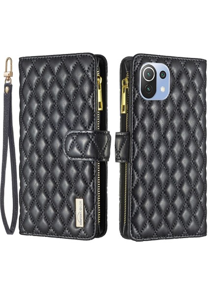 Xiaomi Mi Için Cep Telefonu Kabuğu 11 Lite 4g/5g/11 Lite 5g Ne, Baskılı Rhombus Desen Folio Flip Case, Fermuar Cep Stand Mat Pu Deri Cüzdan Kapak Black (Yurt Dışından)