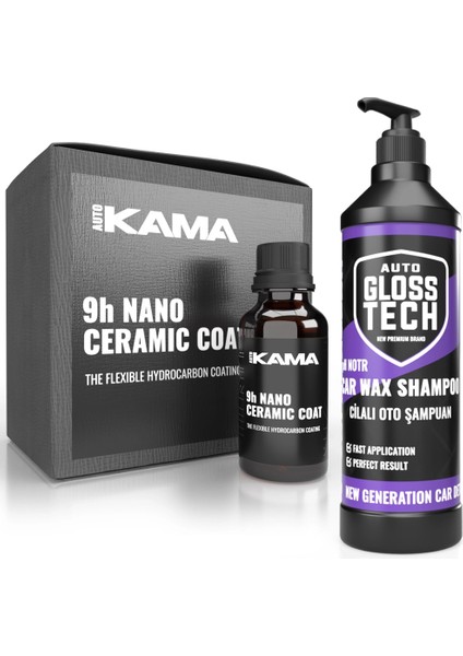 Autokama Ceramic Coat 30ML | Auto Glosstech Cilalı Oto Şampuan 500ML 2'li Set