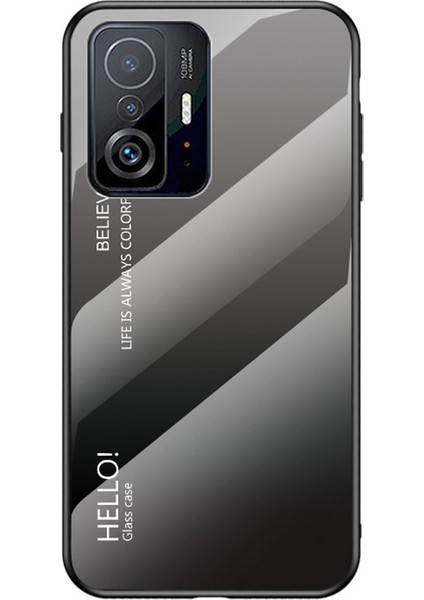 Gradyan Renk Anti-Çizelge Temperli Cam Hibrit Telefon Kılıfı, Xiaomi 11T/11T Pro-Gradyan Siyah Gri (Yurt Dışından)
