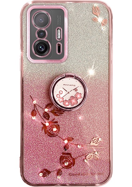 Xiaomi 11T 5G/11T Pro 5g Tpu Telefon Kılıfı Kickstand-Rose Gold ile Rhinestone Çiçek Telefon Kapağı (Yurt Dışından)