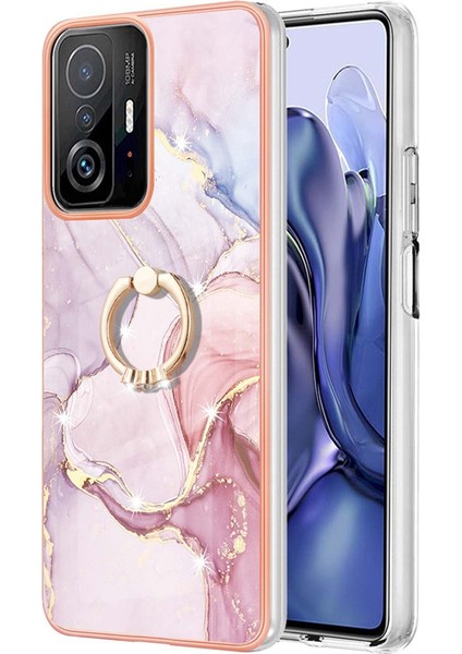 Xiaomi Için 11T/11T Pro Marble Desen Damlası Önleme Imd Tpu Kılıf Döner Halka Kickstand Elektrokaplama Çerçevesi Telefon Kapak Golü 005 (Yurt Dışından)