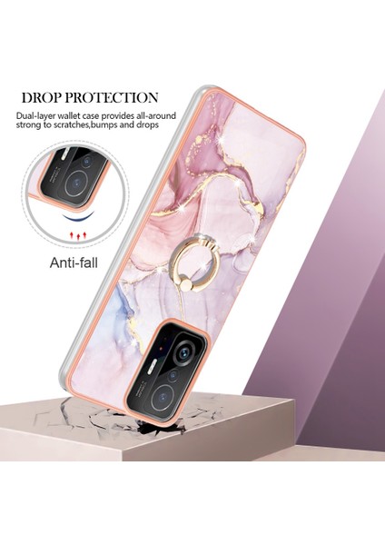 Xiaomi Için 11T/11T Pro Marble Desen Damlası Önleme Imd Tpu Kılıf Döner Halka Kickstand Elektrokaplama Çerçevesi Telefon Kapak Golü 005 (Yurt Dışından)