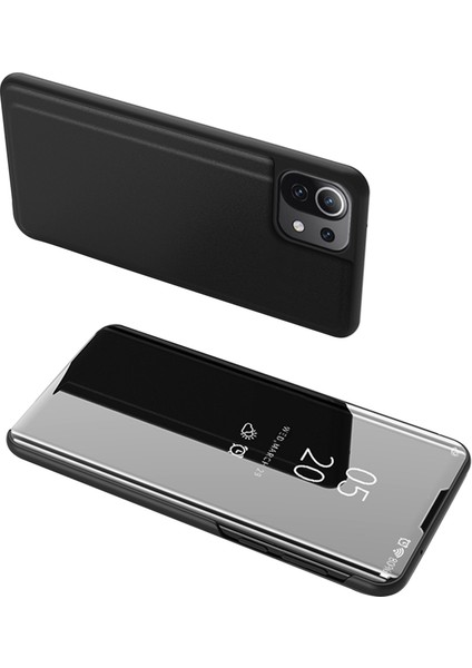 Kaplamalı Ayna Yüzey Folio Flip Deri Stand Kılıfı Xiaomi Mi 11 Lite 4g/5g/11 Lite 5g Ne-Black Için (Yurt Dışından)