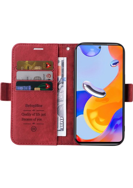 Xiaomi Redmi Için Note 12 Pro 4g/11 Pro 4g (Mediatek)/note 11 Pro 5g (Qualcomm)/note 11E Pro 5g Pu Deri Dikiş Dikiş Hattı Telefon Kılıfı Stand Kapak-Kırmızı (Yurt Dışından)