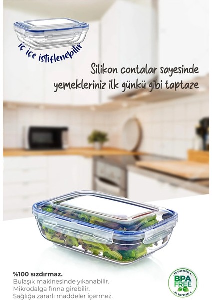 3lü Set 2725 ml Contalı Sığ Dikdörtgen Saklama Kabı