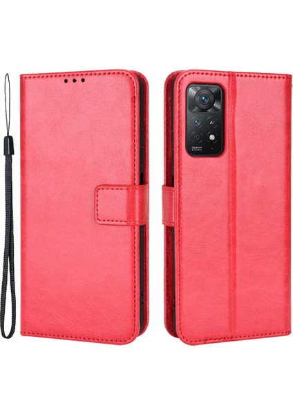 Xiaomi Redmi Nnote 12 Pro 4g/11 Pro 4g (Mediatek)/note 11 Pro 5g (Qualcomm) Çılgın At Deri Anti-Drop Telefon Kabası Stand Fonksiyon Koruyucusu Kullanışlı Kayış-Kırmızısı (Yurt Dışından)