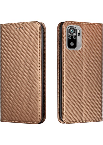 Karbon Fiber Doku Pu Deri Kılıf Otomatik Manyetik Kapalı Flip Stand Cüzdan Kapağı Xiaomi Poco M5S 4g/redmi Not 10 4g/redmi Not 10S 4g-Brown (Yurt Dışından)