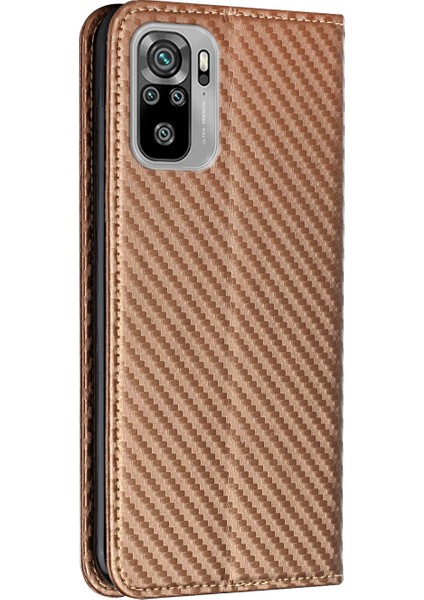 Karbon Fiber Doku Pu Deri Kılıf Otomatik Manyetik Kapalı Flip Stand Cüzdan Kapağı Xiaomi Poco M5S 4g/redmi Not 10 4g/redmi Not 10S 4g-Brown (Yurt Dışından)