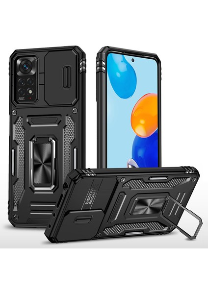 Xiaomi Redmi Için Zırh Serisi Note 12 Pro 4g/11 Pro 4g (Mediatek)/note 11 Pro 5g (Qualcomm) Slayt Kamera Koruma Kılıfı Kickstand Pc+Tpu Etkiye Dayanıklı Kapak Black (Yurt Dışından)