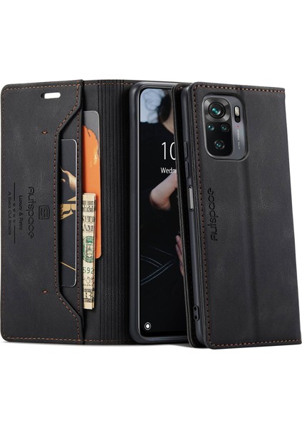 Xiaomi Poco M5S Için 4g/redmi Not 10 4g/redmi Not 10S 4g Düşme Koruması Rfıd Engelleme Manyetik Kapatma Kabuğu, Vintage Buzlu Pu Deri+Tpu Cüzdan Stand Flip Cover-Black (Yurt Dışından)