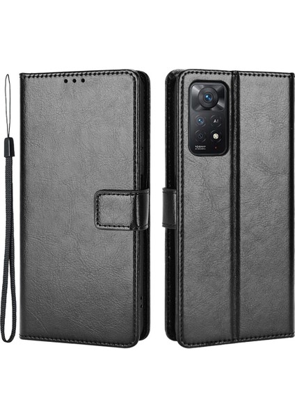 Xiaomi Redmi Nnote 12 Pro 4g/11 Pro 4g (Mediatek)/note 11 Pro 5g (Qualcomm) Çılgın At Deri Anti-Drop Telefon Kabası Stand Fonksiyon Koruyucusu Kullanışlı Kayış-Black (Yurt Dışından)