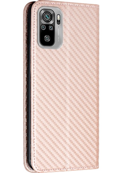 Karbon Fiber Doku Pu Deri Kılıf Otomatik Manyetik Kapalı Flip Stand Cüzdan Kapağı Xiaomi Poco M5S 4g/redmi Not 10 4g/redmi Not 10S 4g-Rose Altın (Yurt Dışından)