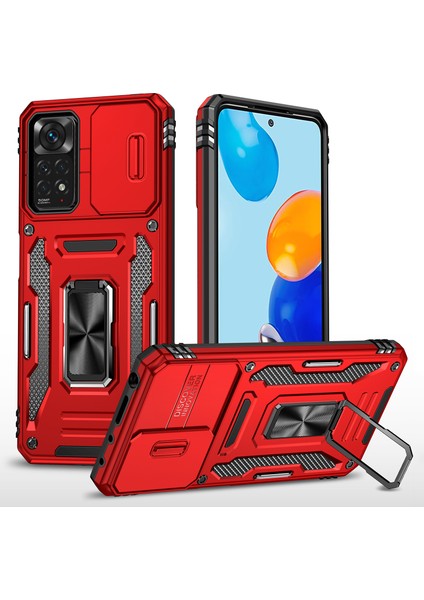 Xiaomi Redmi Için Zırh Serisi Note 12 Pro 4g/11 Pro 4g (Mediatek)/note 11 Pro 5g (Qualcomm) Slayt Kamera Koruma Kılıfı Kickstand Pc+Tpu Etkiye Dayanıklı Kapak-Kırmızı (Yurt Dışından)