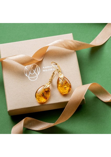 Baltık Damla Kehribar Sarı Renk Damla Kesim Ag 925 Gümüş Altın Kaplama Küpe