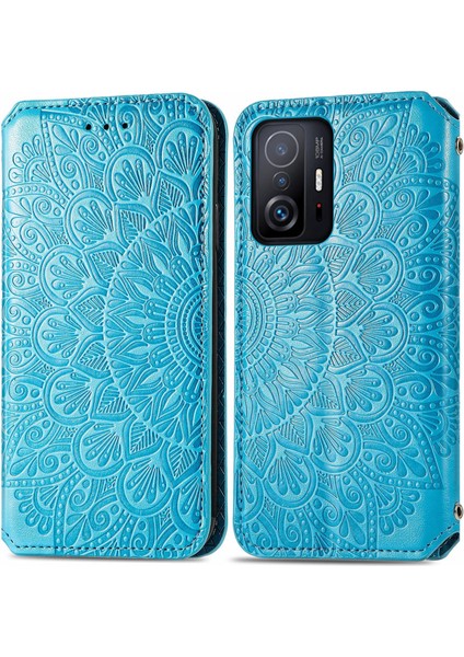 Mandala Çiçek Deseni Baskılı Manyetik Otomatik Emici Pu Deri Cüzdan Xiaomi Için Flip Kapak Xiaomi 11T/11T Pro-Mavi (Yurt Dışından)