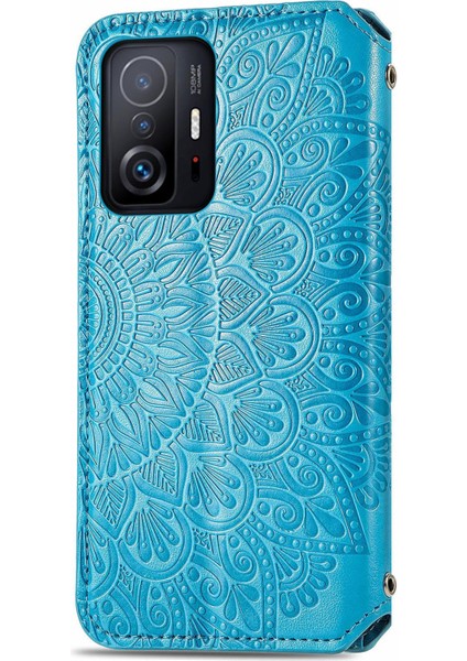 Mandala Çiçek Deseni Baskılı Manyetik Otomatik Emici Pu Deri Cüzdan Xiaomi Için Flip Kapak Xiaomi 11T/11T Pro-Mavi (Yurt Dışından)