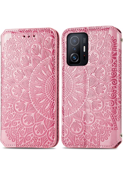 Mandala Çiçek Deseni Baskılı Manyetik Otomatik Absorbed Pu Deri Deri Cüzdan Xiaomi 11T/11T Pro-Pink Için Flip Cover (Yurt Dışından)