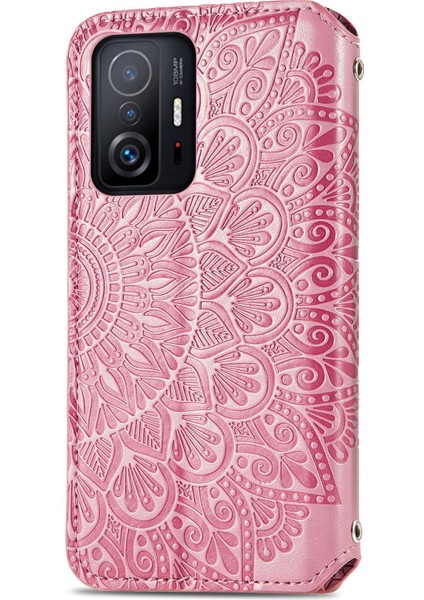 Mandala Çiçek Deseni Baskılı Manyetik Otomatik Absorbed Pu Deri Deri Cüzdan Xiaomi 11T/11T Pro-Pink Için Flip Cover (Yurt Dışından)