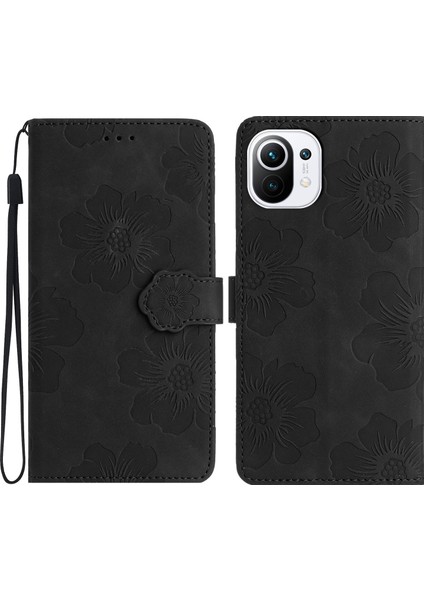 Xiaomi Mi Için Cüzdan Telefon Kılıfı 11 Lite 4g/5g/11 Lite 5g Ne, Pu Deri Çiçekler Baskılı Flip Stand Black (Yurt Dışından)