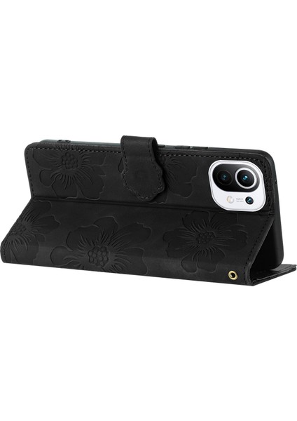 Xiaomi Mi Için Cüzdan Telefon Kılıfı 11 Lite 4g/5g/11 Lite 5g Ne, Pu Deri Çiçekler Baskılı Flip Stand Black (Yurt Dışından)